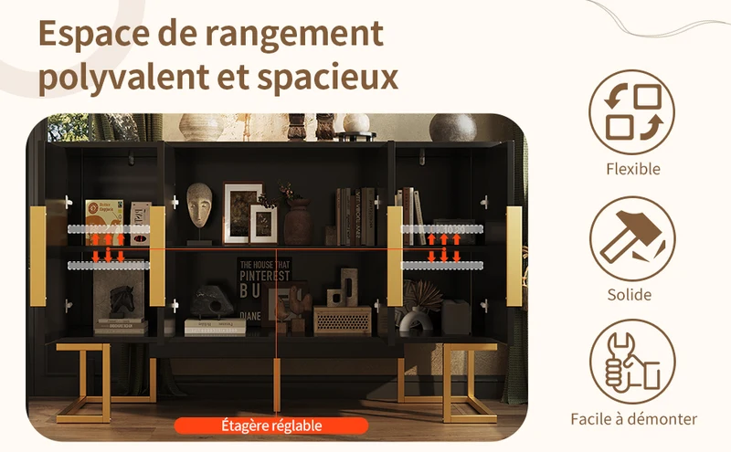 Buffet chic noir 4 portes avec motifs géométriques et détails dorés 140x40x80cm AURORALON