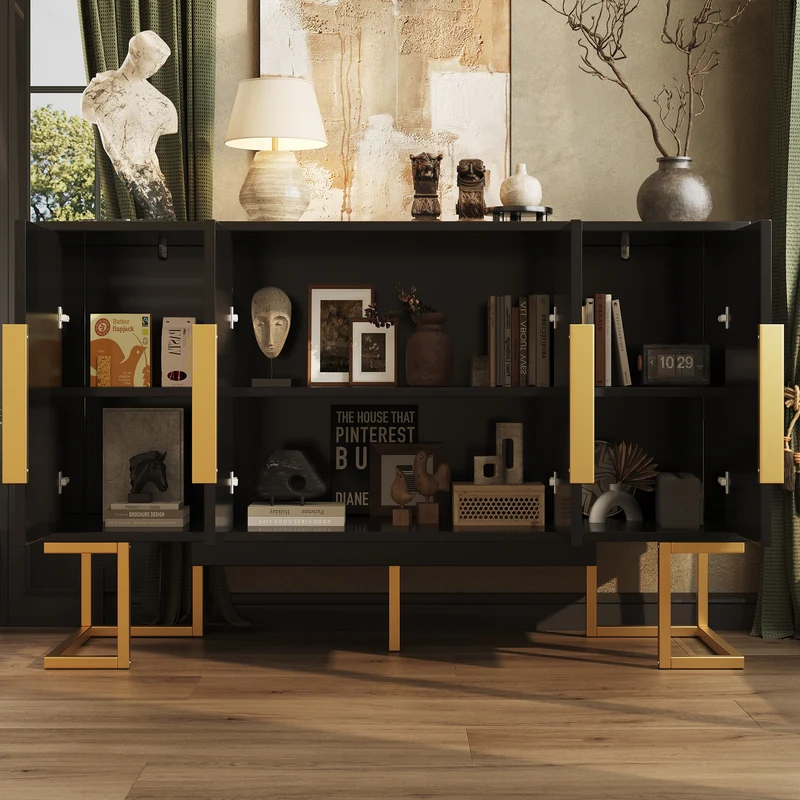 Buffet chic noir 4 portes avec motifs géométriques et détails dorés 140x40x80cm AURORALON