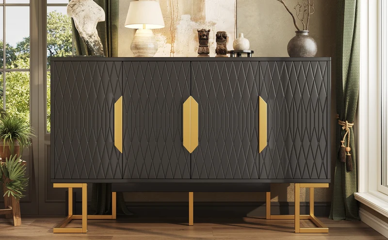 Buffet chic noir 4 portes avec motifs géométriques et détails dorés 140x40x80cm AURORALON
