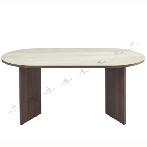 Table à manger - Plateau effet travertin - Pied effet Noyer - Page