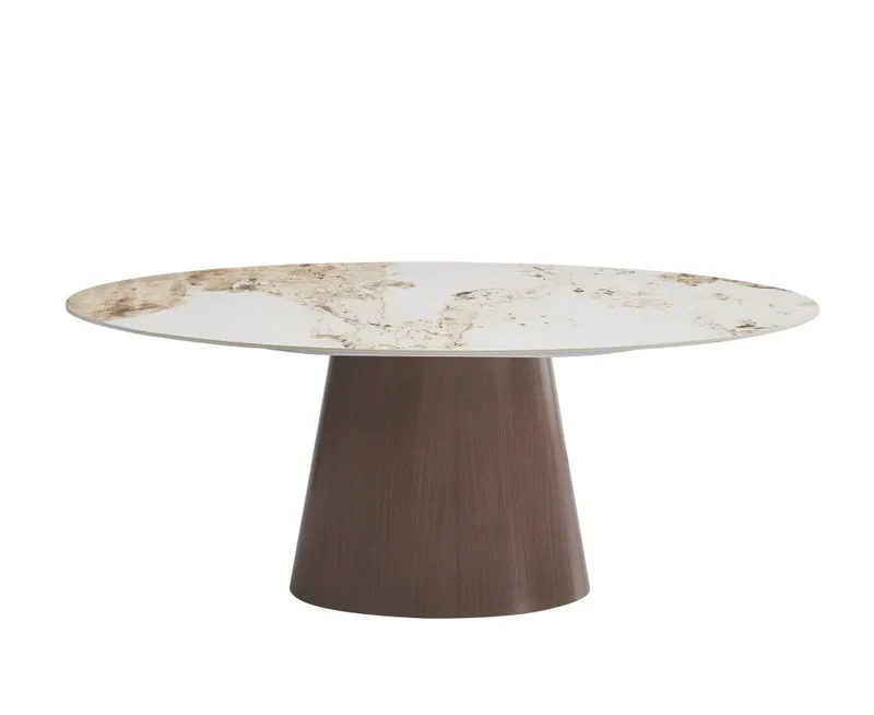 Table à manger - Plateau céramique - Pied effet Travertin ou Noyer - Ovo