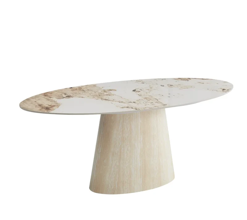 Table à manger - Plateau céramique - Pied effet Travertin ou Noyer - Ovo