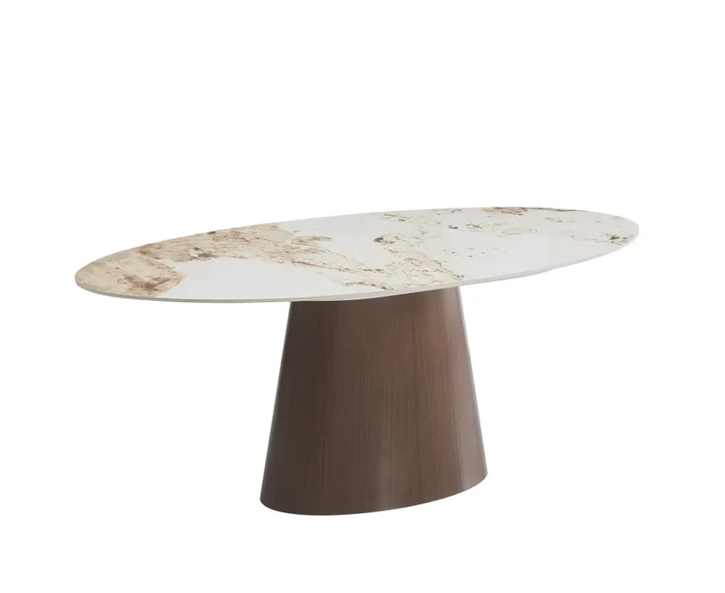 Table à manger - Plateau céramique - Pied effet Travertin ou Noyer - Ovo