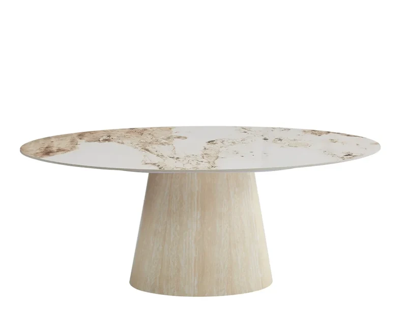 Table à manger - Plateau céramique - Pied effet Travertin ou Noyer - Ovo