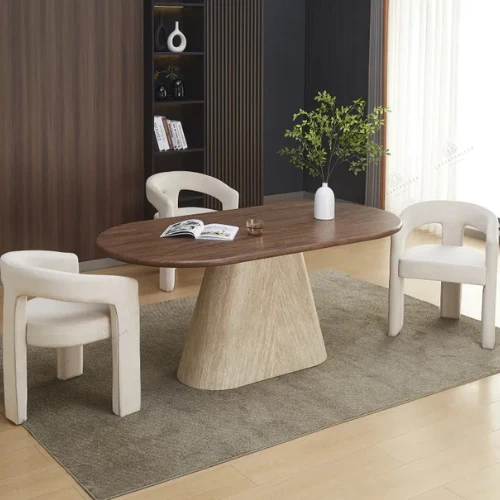 Table à manger - Effet Travertin et Noyer - Ourlet
