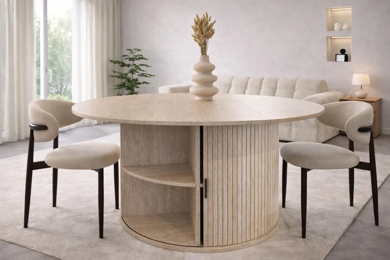 Table à manger - Extensible - Effet travertin - rangements intégrés - Ronde - Leon