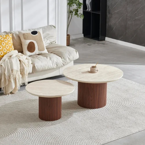 Table basse Gigogne - Effet noyer et travertin - Pila