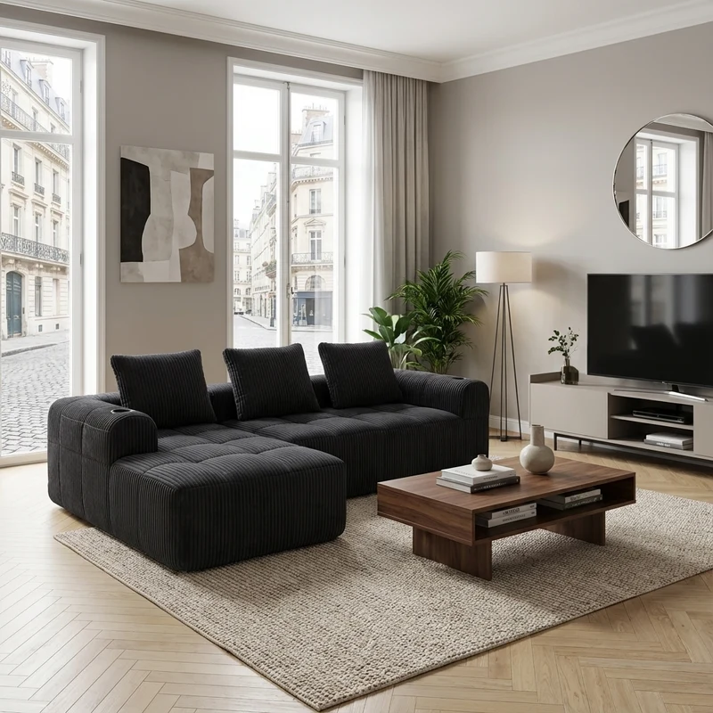Canapé d'angle modulable en velours côtelé gris foncé – confort premium avec poches latérales et porte-gobelets GNIVATIONPATCH
