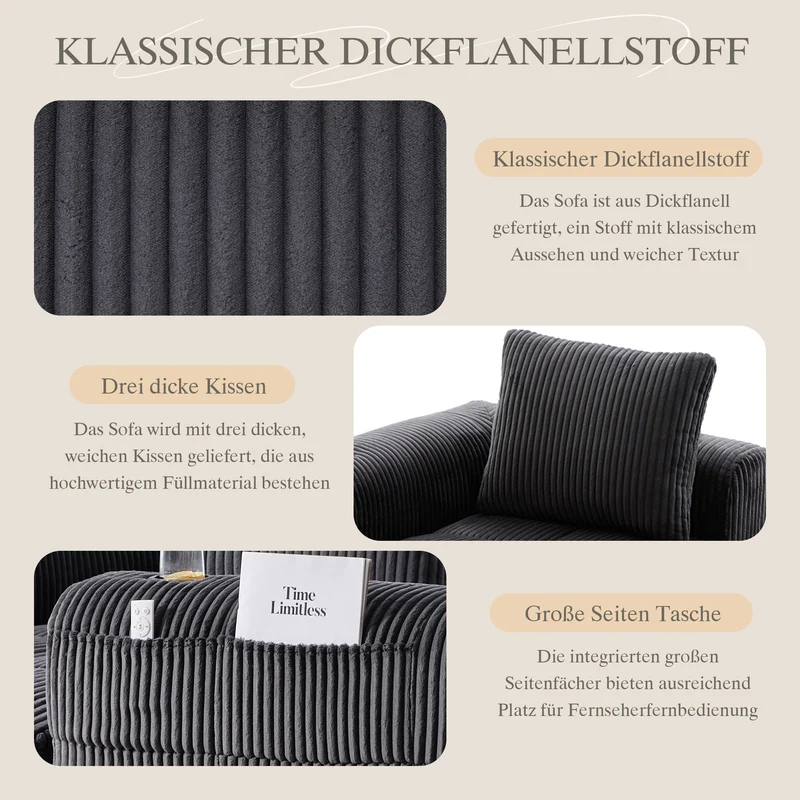 Canapé d'angle modulable en velours côtelé gris foncé – confort premium avec poches latérales et porte-gobelets GNIVATIONPATCH