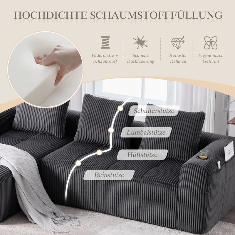 Canapé d'angle modulable en velours côtelé gris foncé – confort premium avec poches latérales et porte-gobelets GNIVATIONPATCH