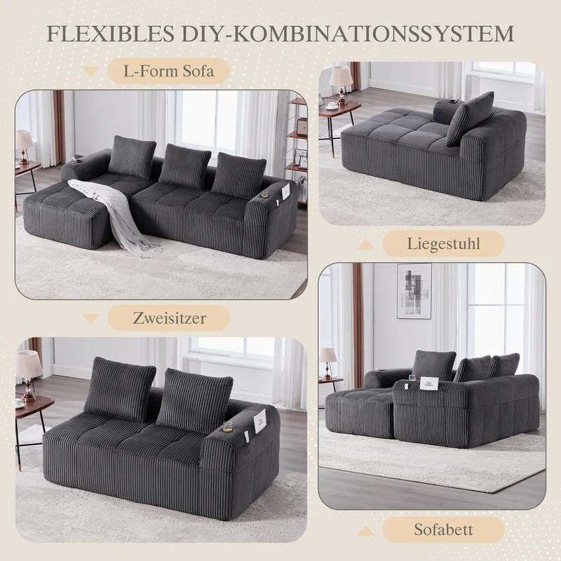 Canapé d'angle modulable en velours côtelé gris foncé – confort premium avec poches latérales et porte-gobelets GNIVATIONPATCH