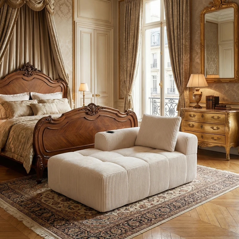 Méridienne droite en velours côtelé blanc cassé modulable avec porte-gobelet et poche latérale CYPRESSNODE