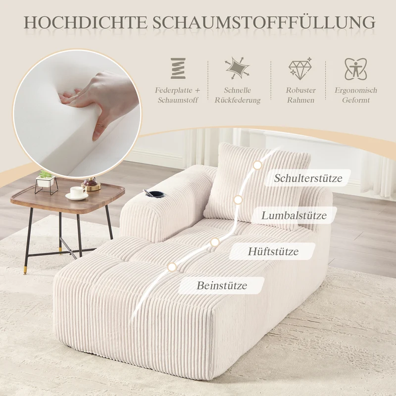 Méridienne droite en velours côtelé blanc cassé modulable avec porte-gobelet et poche latérale CYPRESSNODE