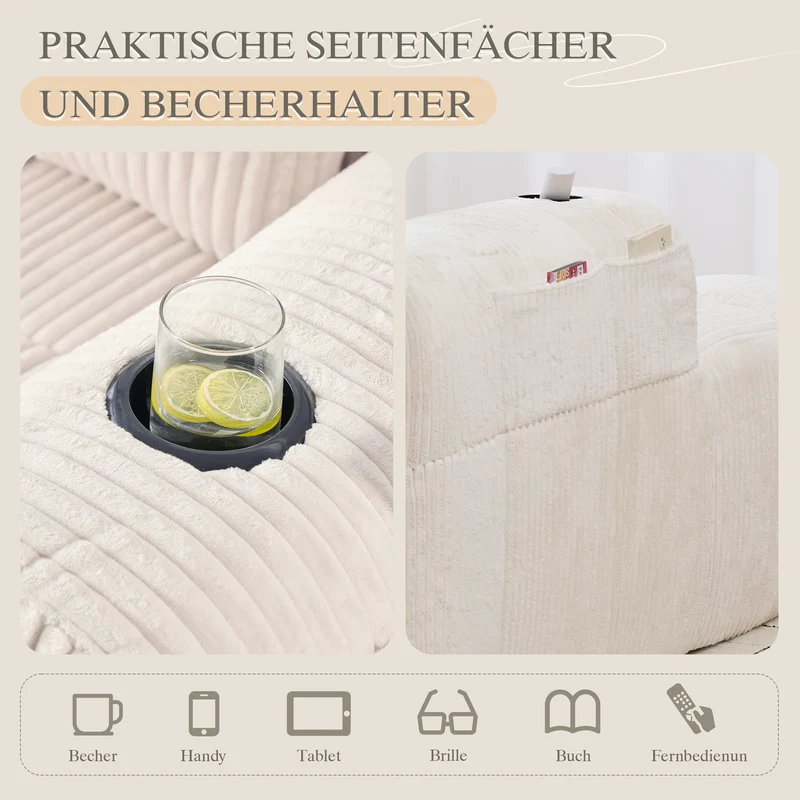 Méridienne droite en velours côtelé blanc cassé modulable avec porte-gobelet et poche latérale CYPRESSNODE