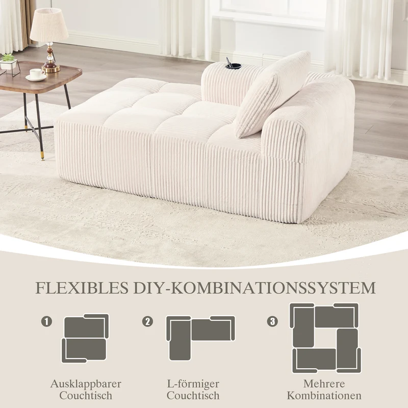 Méridienne droite en velours côtelé blanc cassé modulable avec porte-gobelet et poche latérale CYPRESSNODE