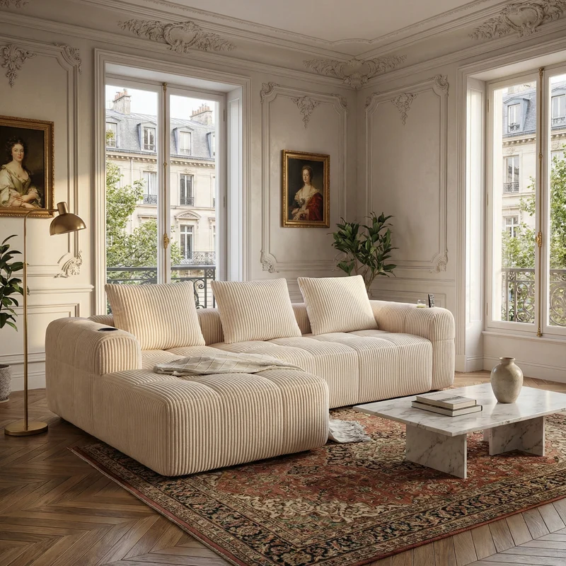Canapé d'angle 3 places modulable en velours côtelé blanc cassé– confort premium, poches latérales et porte-gobelets ECLIPSEBAND