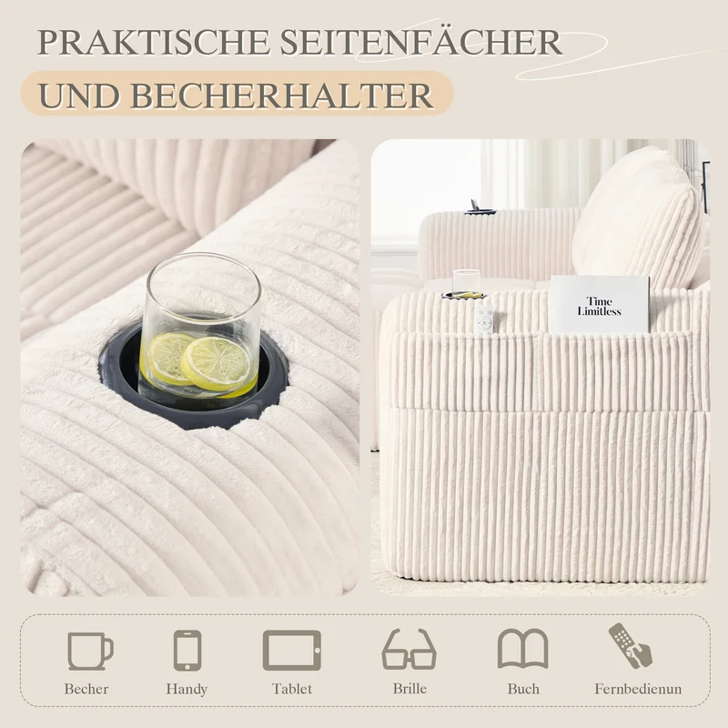 Canapé d'angle 3 places modulable en velours côtelé blanc cassé– confort premium, poches latérales et porte-gobelets ECLIPSEBAND