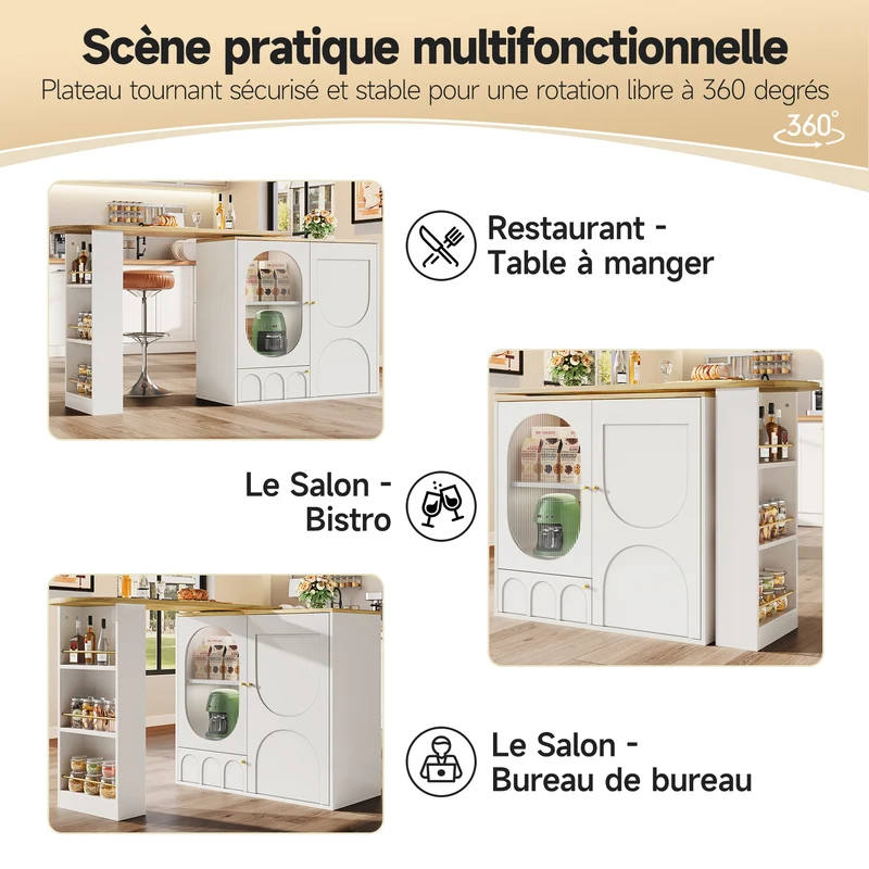 Table de bar effet bois et blanc, plateau pivotant à 360° portes en verre canelé FROSTBLOOM