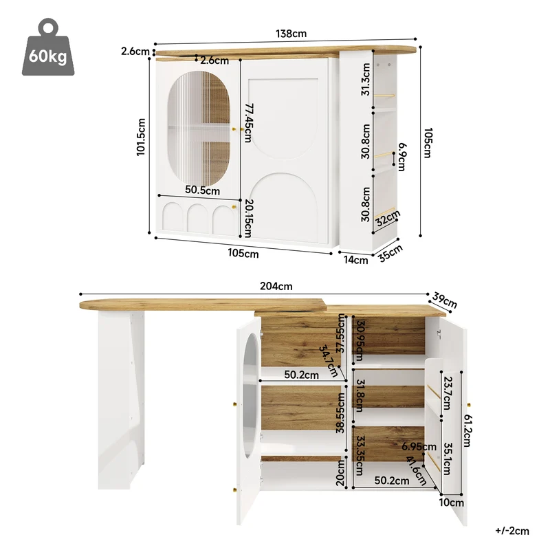 Table de bar effet bois et blanc, plateau pivotant à 360° portes en verre canelé FROSTBLOOM