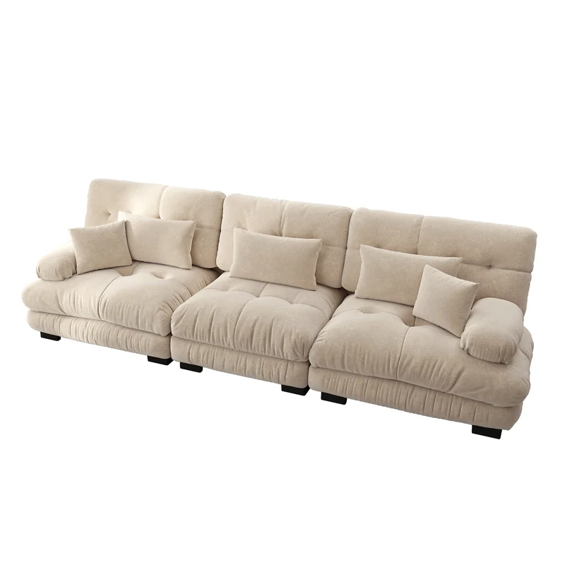 Canapé rembourré modulable 3 places en tissu chenille creme assise profonde SLIME