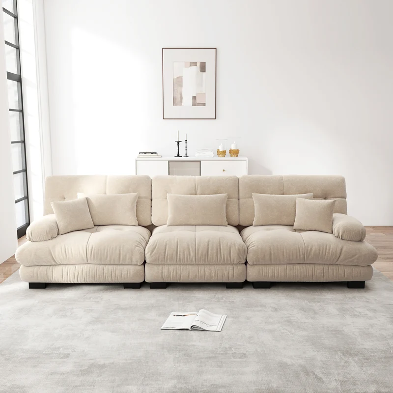 Canapé rembourré modulable 3 places en tissu chenille creme assise profonde SLIME