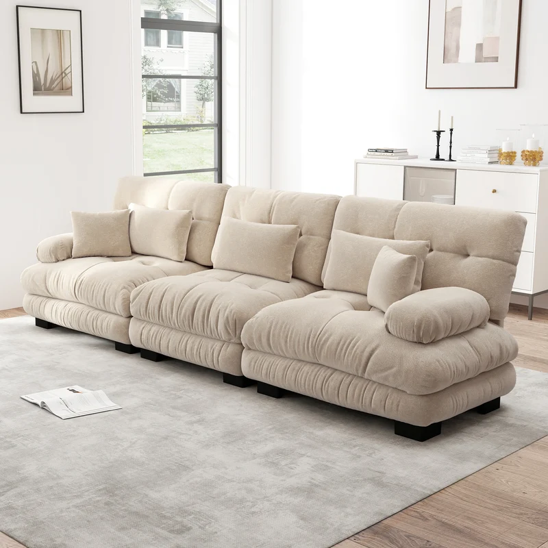 Canapé rembourré modulable 3 places en tissu chenille creme assise profonde SLIME