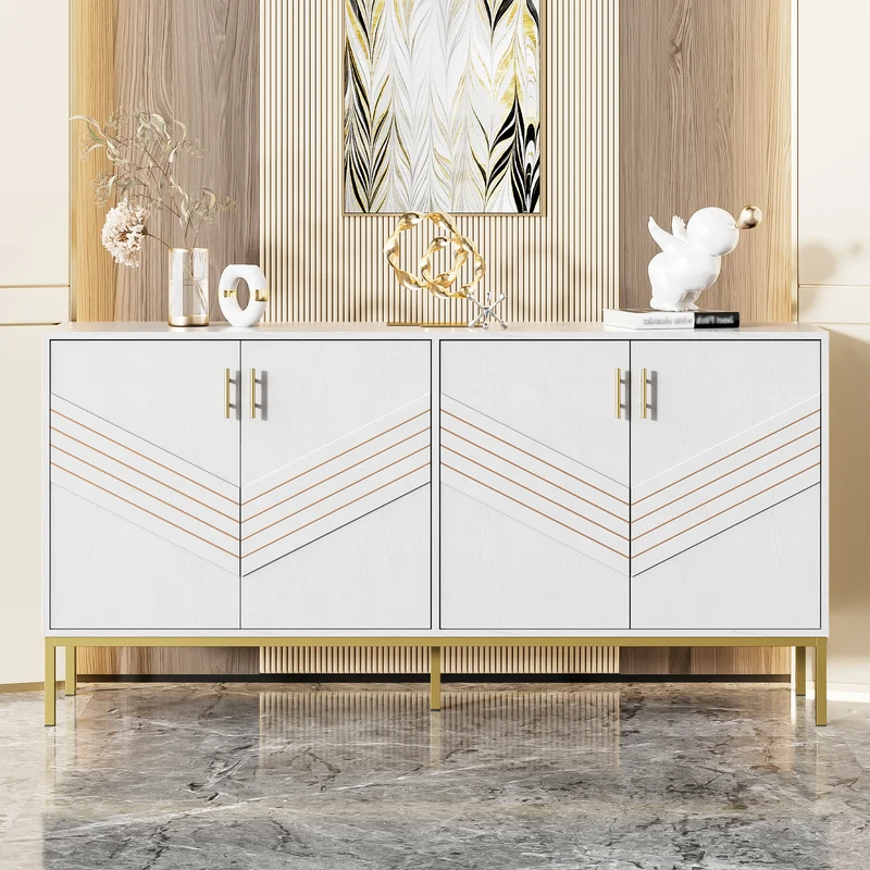 Buffet moderne blanc 4 portes texturés et accents dorés THRUKS