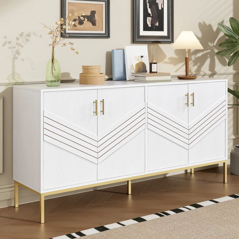 Buffet moderne blanc 4 portes texturés et accents dorés THRUKS
