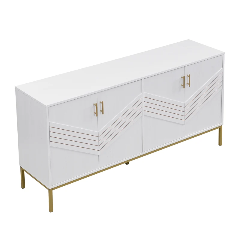 Buffet moderne blanc 4 portes texturés et accents dorés THRUKS