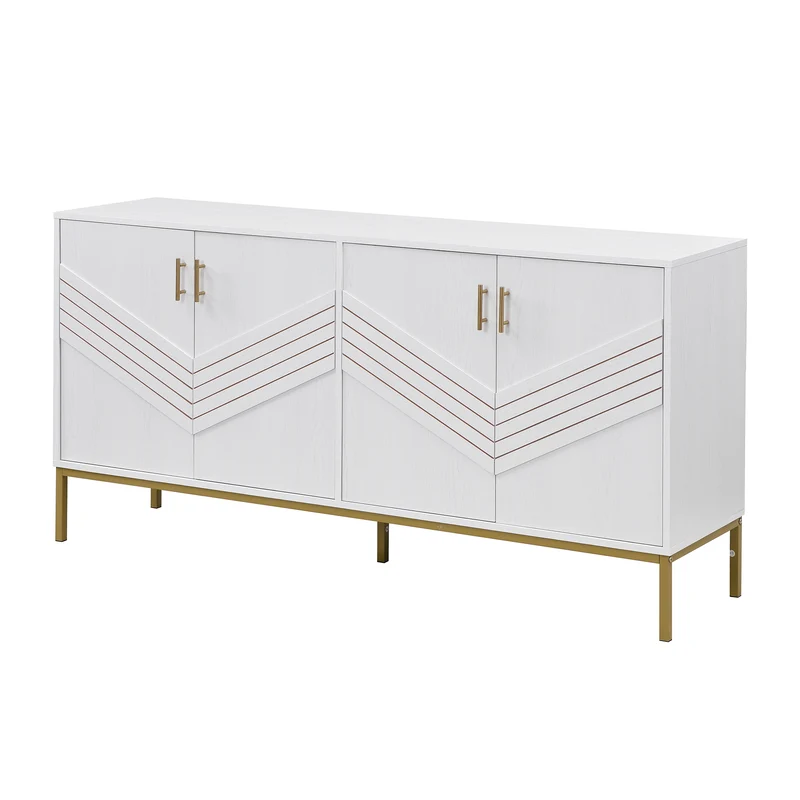 Buffet moderne blanc 4 portes texturés et accents dorés THRUKS