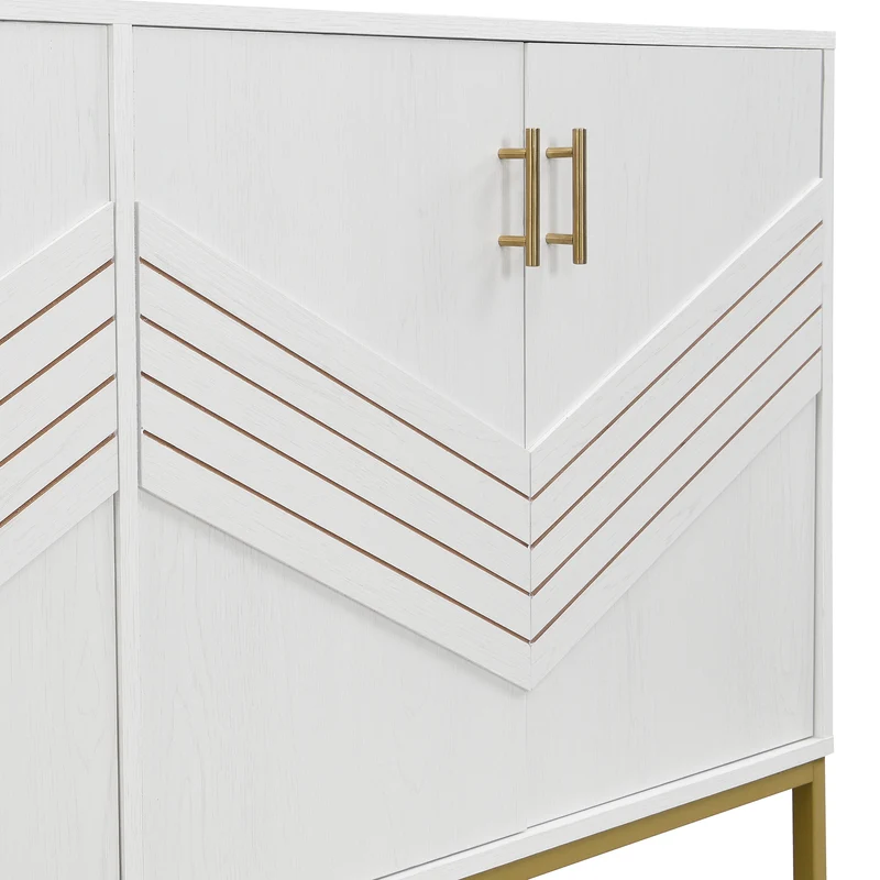 Buffet moderne blanc 4 portes texturés et accents dorés THRUKS
