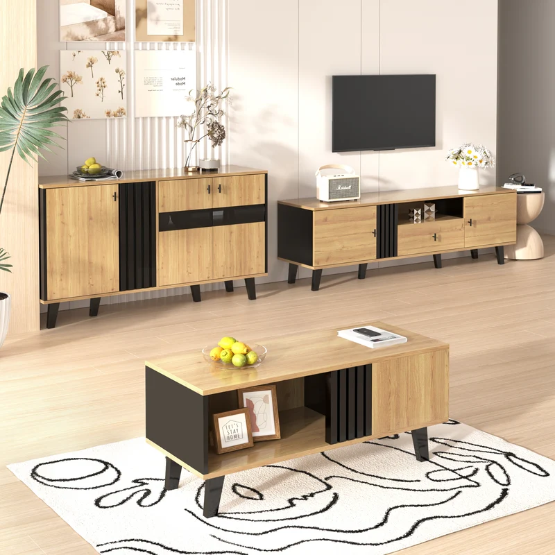 Table basse rectangulaire industriel effet bois et noir rangement 3 cotés 100x60x43cm TRONNEALL