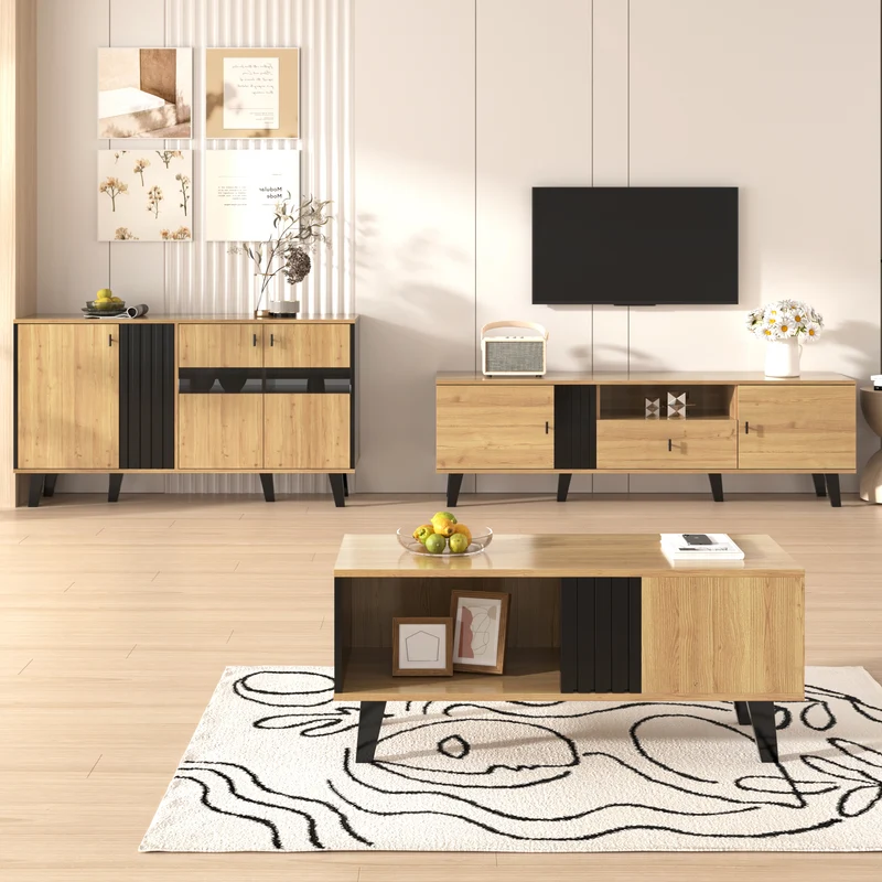 Table basse rectangulaire industriel effet bois et noir rangement 3 cotés 100x60x43cm TRONNEALL
