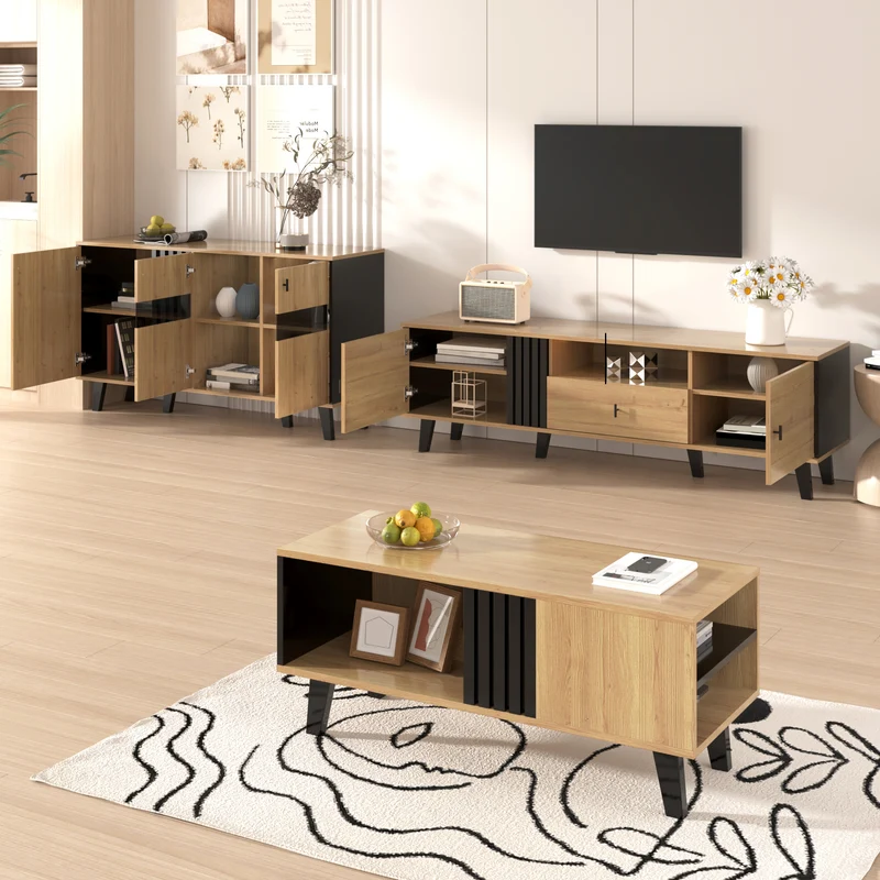 Table basse rectangulaire industriel effet bois et noir rangement 3 cotés 100x60x43cm TRONNEALL