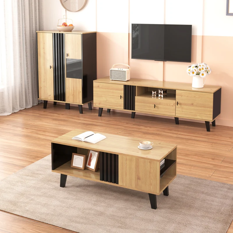 Table basse rectangulaire industriel effet bois et noir rangement 3 cotés 100x60x43cm TRONNEALL