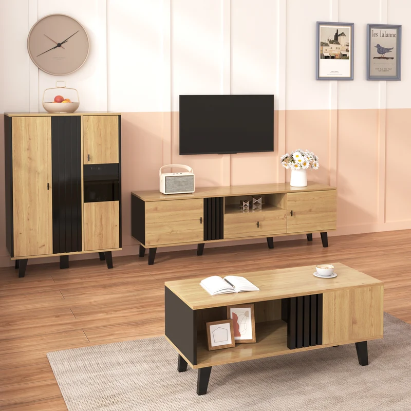 Table basse rectangulaire industriel effet bois et noir rangement 3 cotés 100x60x43cm TRONNEALL