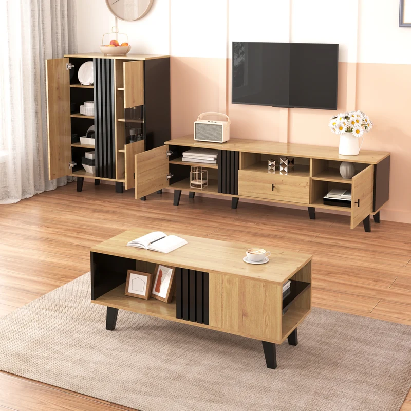 Table basse rectangulaire industriel effet bois et noir rangement 3 cotés 100x60x43cm TRONNEALL