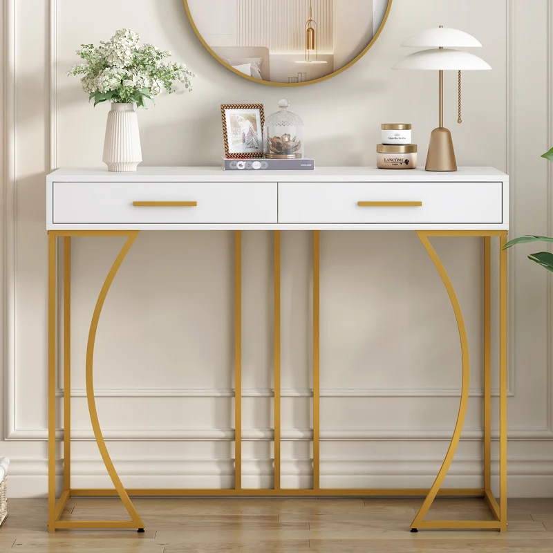 Table console blanche design et structure couleur dorée couloir avec 2 tiroirs 120x38x76cm ANNAN