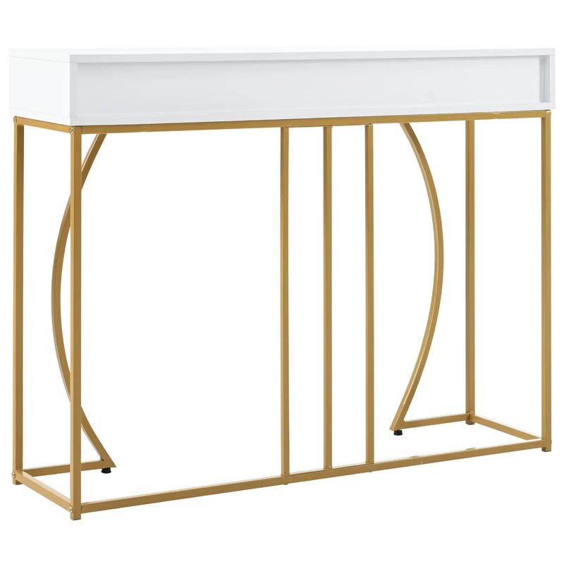 Table console blanche design et structure couleur dorée couloir avec 2 tiroirs 120x38x76cm ANNAN
