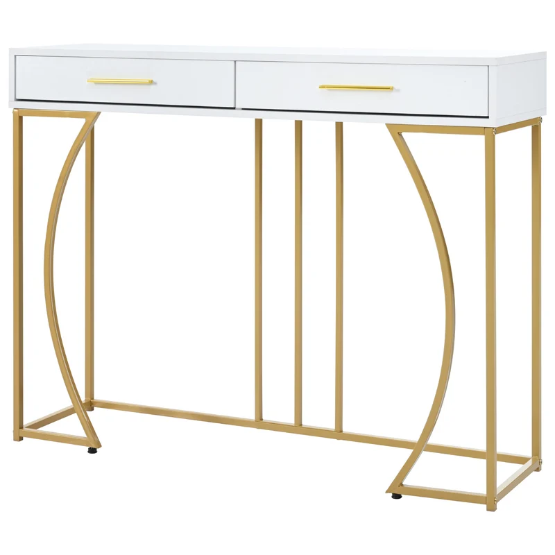 Table console blanche design et structure couleur dorée couloir avec 2 tiroirs 120x38x76cm ANNAN