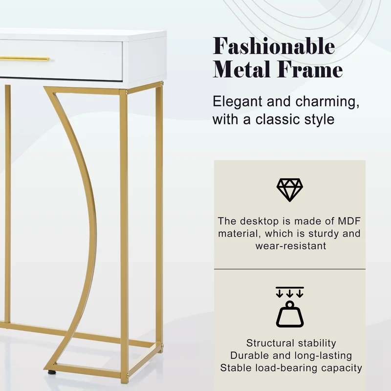 Table console blanche design et structure couleur dorée couloir avec 2 tiroirs 120x38x76cm ANNAN