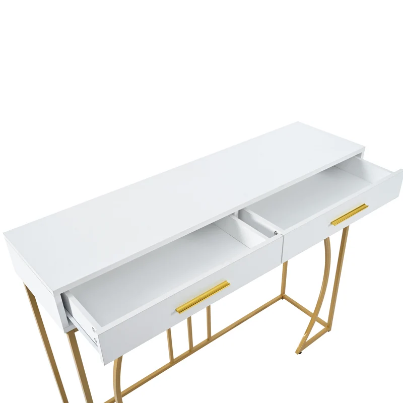 Table console blanche design et structure couleur dorée couloir avec 2 tiroirs 120x38x76cm ANNAN