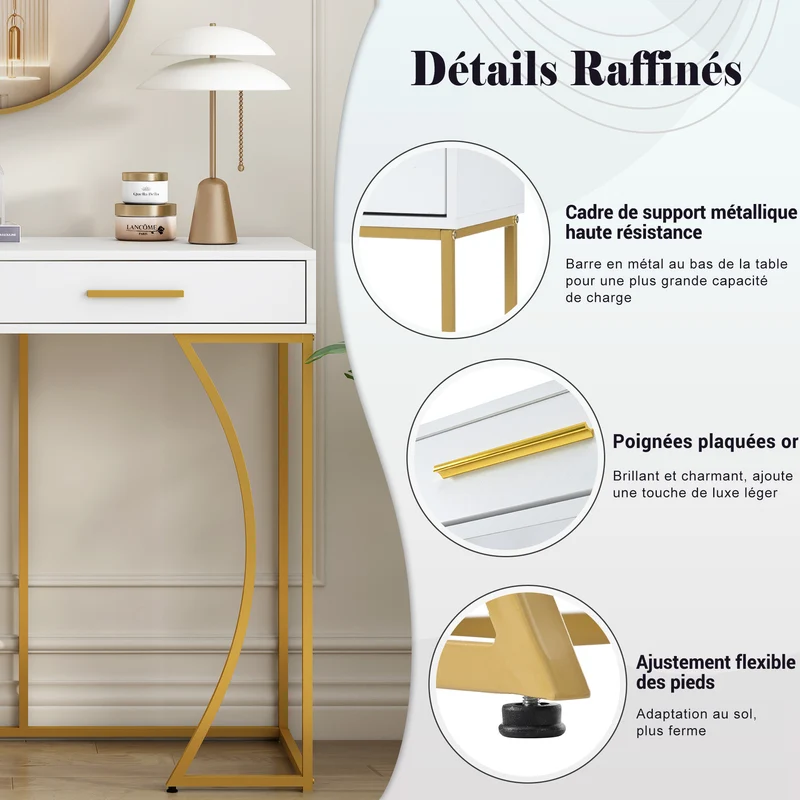 Table console blanche design et structure couleur dorée couloir avec 2 tiroirs 120x38x76cm ANNAN