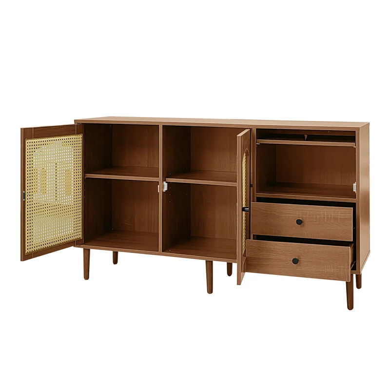 Buffet vintage effet bois avec portes en rotin 2 portes 2 tiroirs 130x75,5x40cm CROLZOI