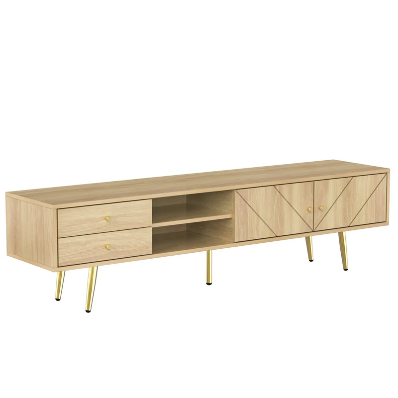 Meuble TV effet bois naturel portes rainurés, et accents dorés HUMUX