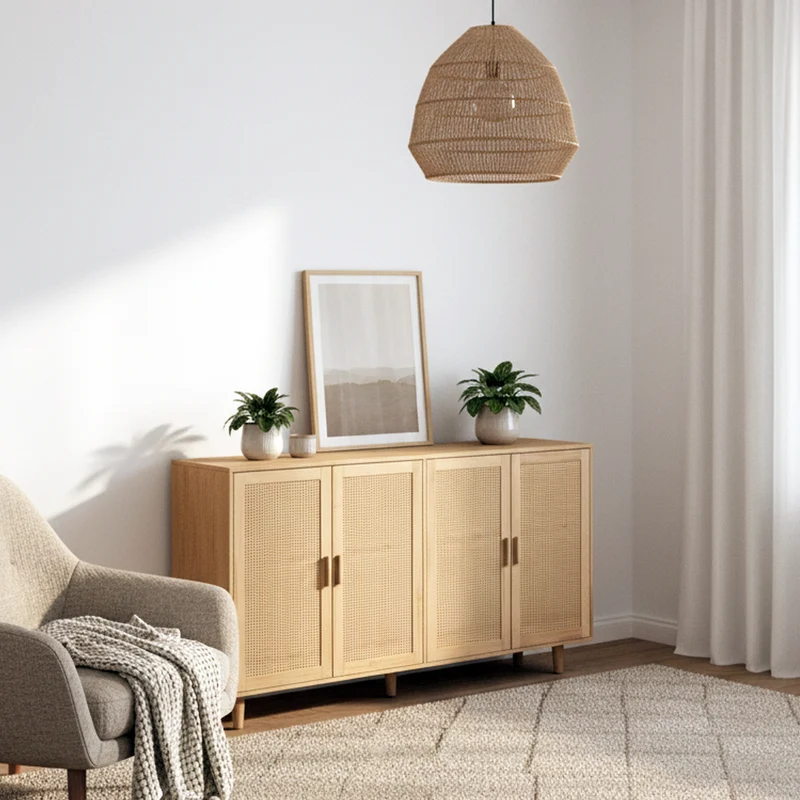 Buffet élégant effet bois nature 4 portes en rotin ECTOSYMB