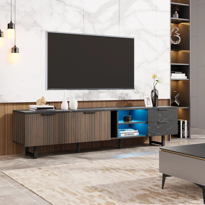 Meuble TV noir effet marbre noir éclairage LED 2 portes et 2 tiroirs VRENKAEN