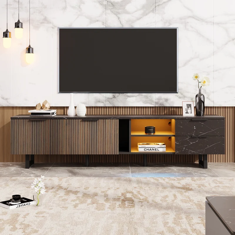 Meuble TV noir effet marbre noir éclairage LED 2 portes et 2 tiroirs VRENKAEN