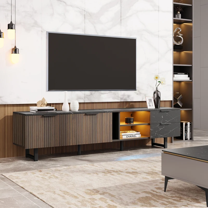 Meuble TV noir effet marbre noir éclairage LED 2 portes et 2 tiroirs VRENKAEN