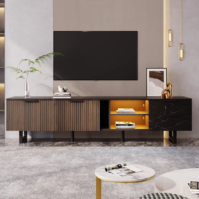 Meuble TV noir effet marbre noir éclairage LED 2 portes et 2 tiroirs VRENKAEN